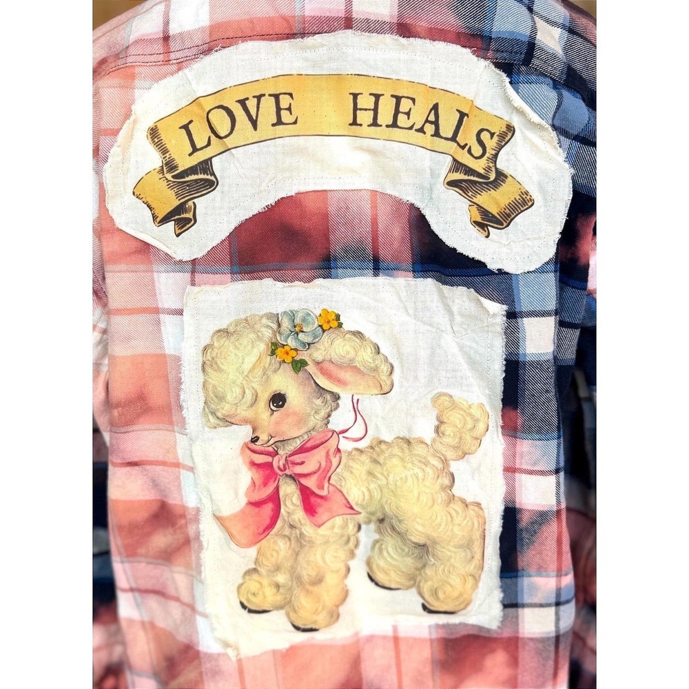 Upcycled Patchwork Flannel Shirt Large | Love Heals Lamb‎ Folk Art